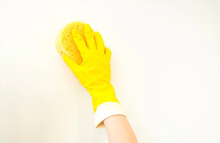 Hand in gelbem Handschuh mit Schwamm